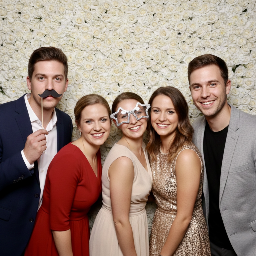 Gäste vor Blumenwand